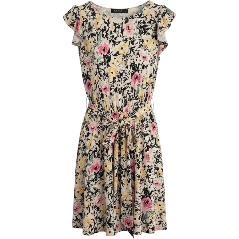Lauren Ralph Lauren Floral Dress Womens 10 Cream Pink Flutter Sleeve Cottagecore